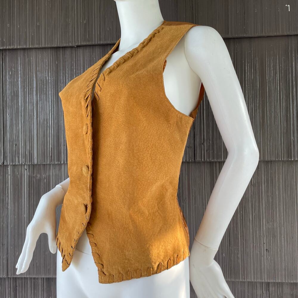 🔥VTG 80s Cedars Sports Brown Suede Leather Vest Medium Stitching Detail Boho